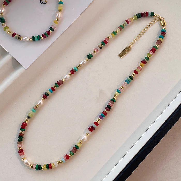 Colorful Dopamine Beaded Necklace  and Natural Stone Pearl Bracelet