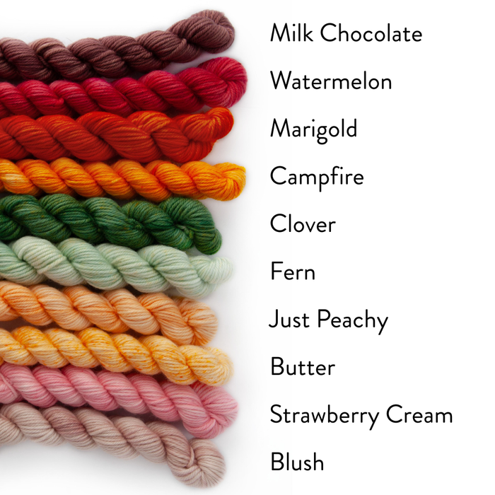 Ten Color Story DK mini skeins in the Garden colorway stacked vertically with color names labeled: Milk Chocolate, Watermelon, Marigold, Campfire, Clover, Fern, Just Peachy, Butter, Strawberry Cream, and Blush