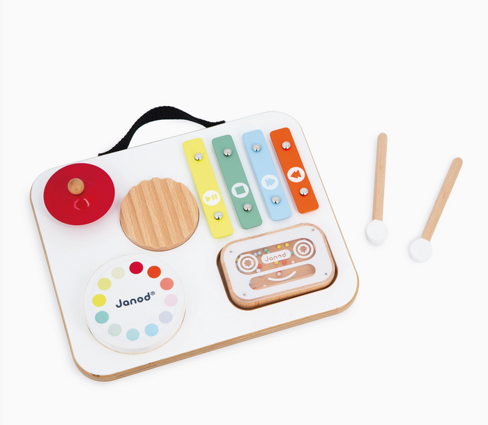 wooden percussion toy with multiple colors on white backgrouned