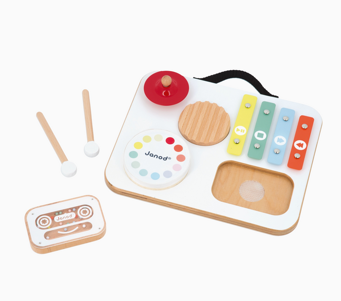wooden percussion toy with multiple colors on white backgrouned