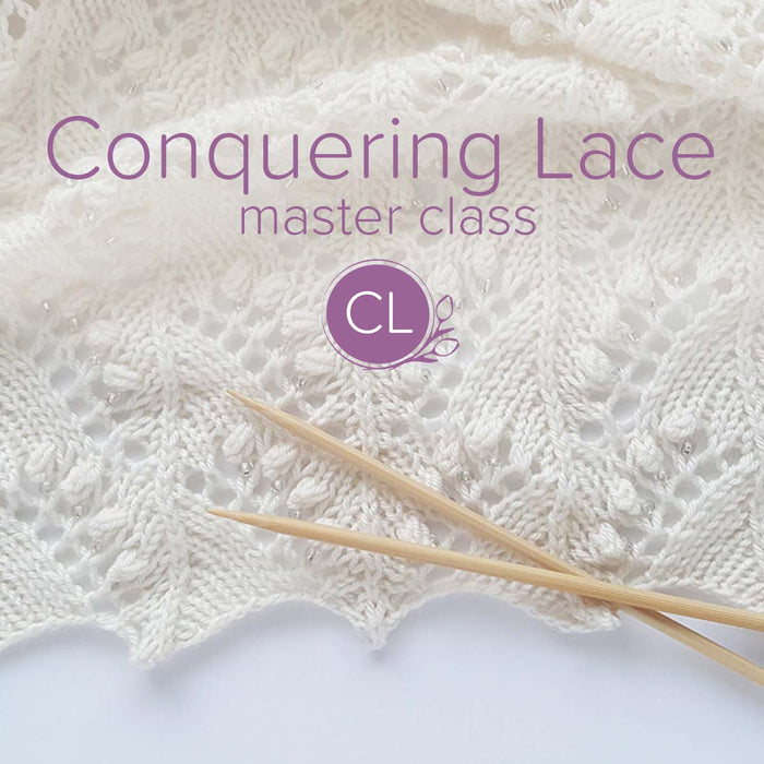 Conquering Lace master class title image showing white lace knitting with intricate openwork patterns, bamboo knitting needles, and the CL logo on a purple circle