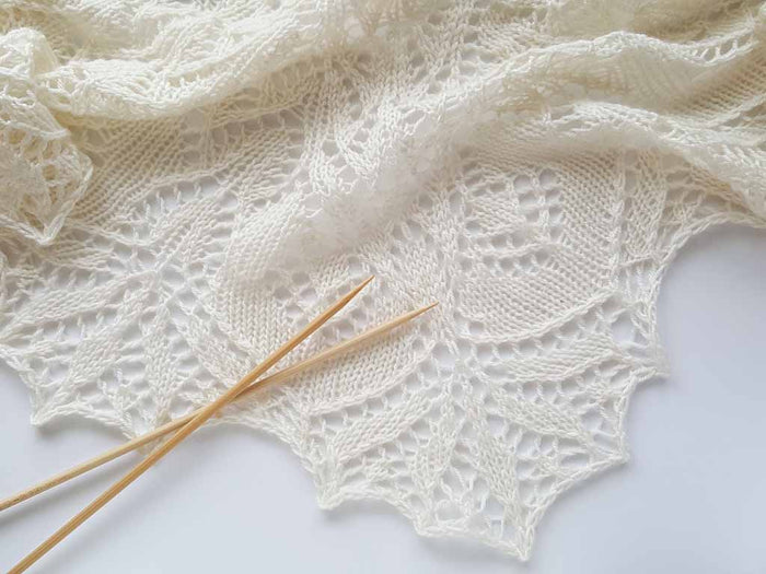 Close-up of a white lace knit shawl edge showing detailed leaf and scalloped border patterns with bamboo knitting needles on a white background