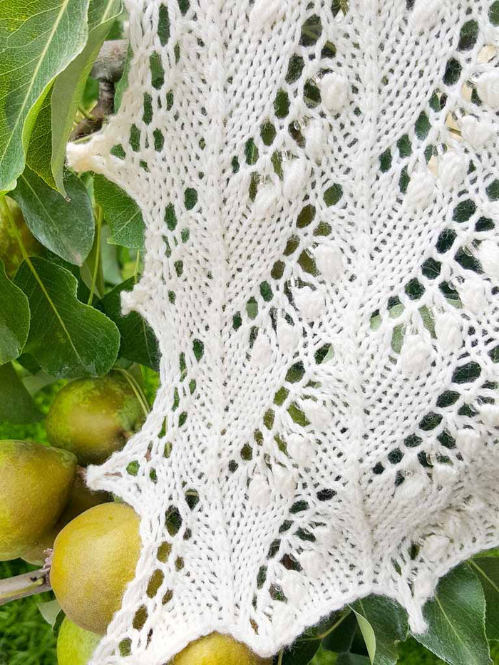 Close-up of white lace shawl edge draped over green leaves, showing the detailed leaf lace pattern and pointed border