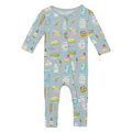blue zip romper with multi color baking themed print all over on white background.