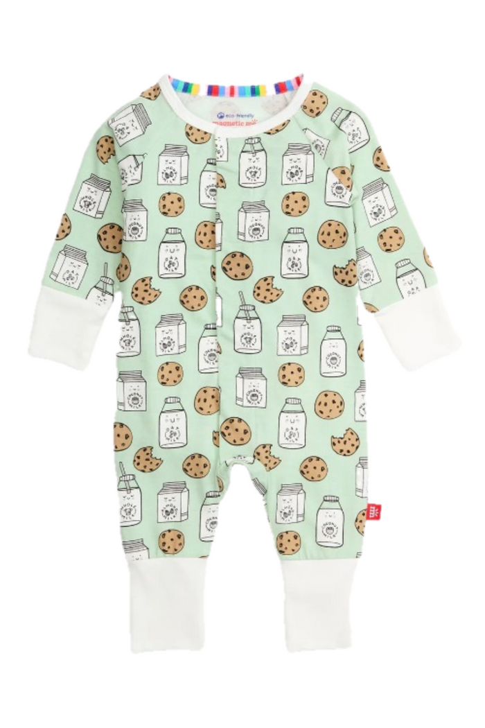 A baby long-sleeve footless one-piece romper in mint green with an all-over print of milk bottles and chocolate chip cookies. The romper has white cuffs and footings and a colorful striped inner neck trim.