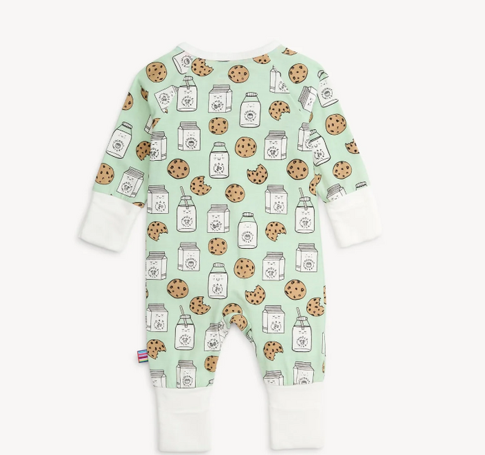 A baby long-sleeve footless one-piece jumpsuit in mint green, featuring an all-over print of chocolate chip cookies and milk cartons, with white ribbed cuffs and ankles.