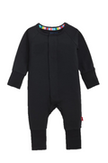 A black long-sleeve baby jumpsuit with a button-down front and ribbed leg cuffs, shown against a plain white background.