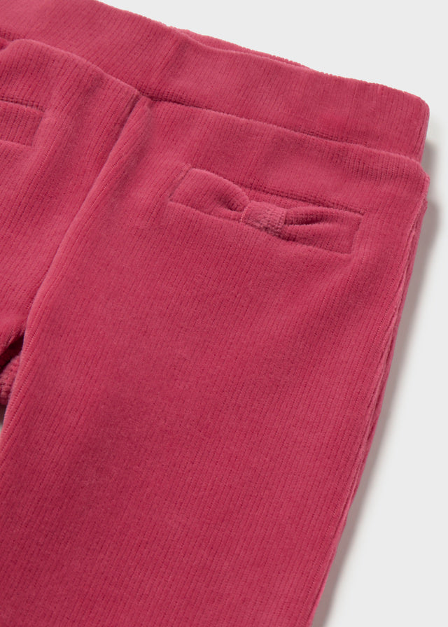 Close-up of pink corduroy pants on a white background