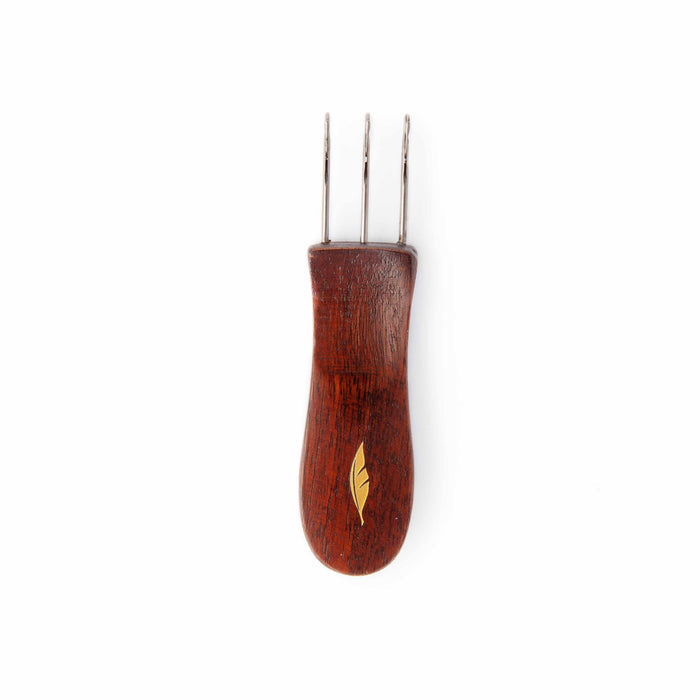 Cord Quill i-cord tool front view showing dark wood handle with gold feather inlay and three metal prongs