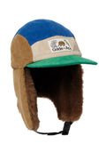 Multicolored winter hat with earflaps on a white background