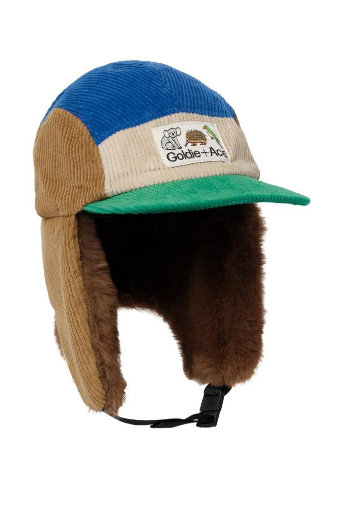 Multicolored winter hat with earflaps on a white background
