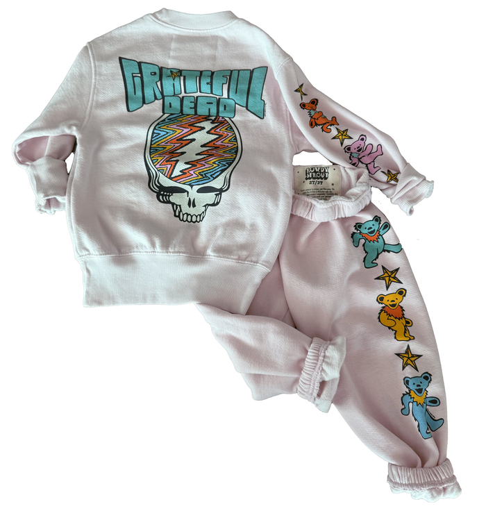White sweatshirt and pants set with Grateful Dead graphics on a white background