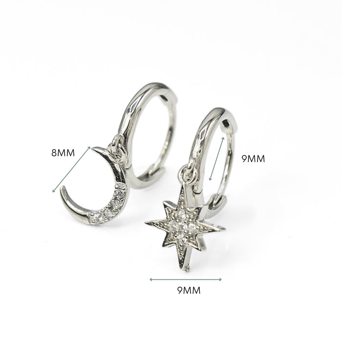 Cosmic Star and Moon Zirconia Earrings Sterling Silver 18k Gold Plated / Platinum Plated