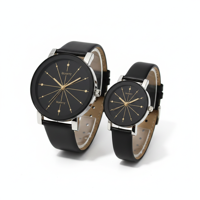 A pairing of black neo-minimalist watches featuring unique sunburst dials with gold-toned markers and premium leather straps, embodying a sophisticated "Art Gallery" aesthetic.