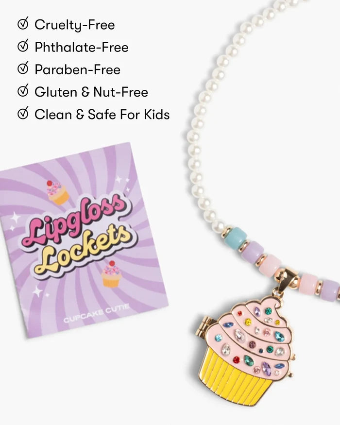 Lipgloss Lockets necklace with cupcake charm and packaging on a white background