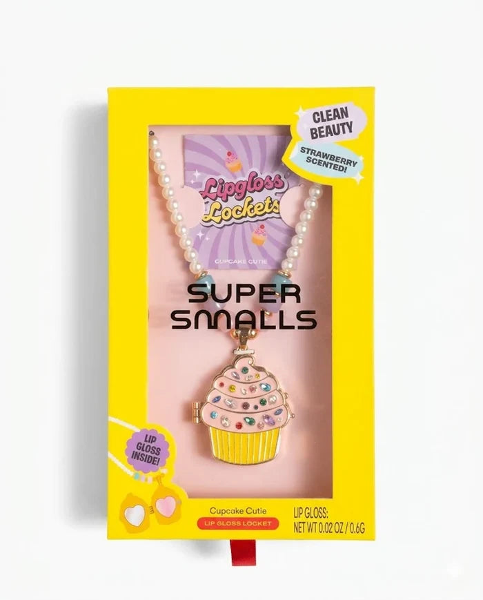 Lip gloss with cupcake design in a 'Super Smalls' packaging on a white background