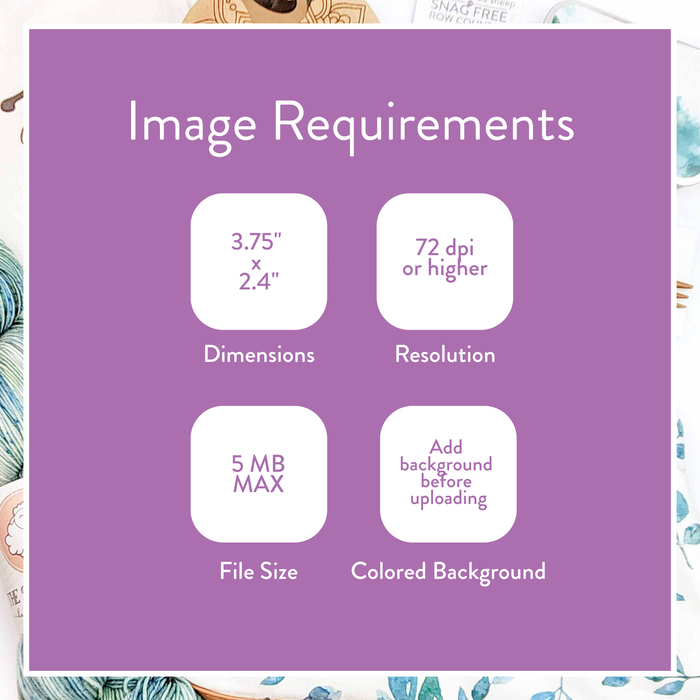 Image Requirements infographic on purple background showing custom tin sticker specifications including 3.75 by 2.4 inch dimensions, 72 dpi or higher resolution, 5 MB max file size, and add background before uploading