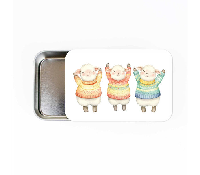 Custom large storage tin example with three cheerful watercolor sheep wearing colorful knit sweaters printed on the sliding lid sticker