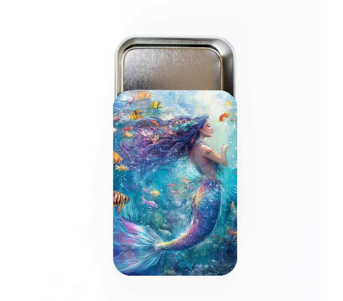 Custom large storage tin example with a fantasy mermaid illustration in blue and purple tones surrounded by tropical fish printed on the sliding lid sticker in vertical orientation