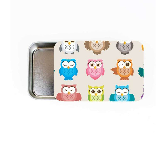 Custom large storage tin example with a colorful cartoon owl pattern in pink, blue, orange, and green printed on the sliding lid sticker in horizontal orientation