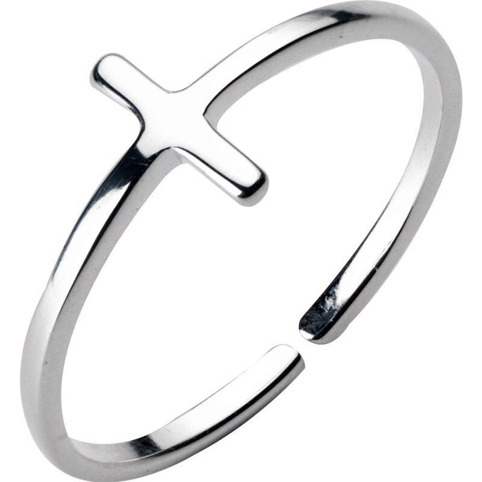 Minimalist polished silver sideways cross ring with an adjustable open-end band for a bespoke fit.