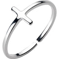 Minimalist polished silver sideways cross ring with an adjustable open-end band for a bespoke fit.