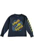Black long-sleeve shirt with colorful 'David Bowie' design on a white background