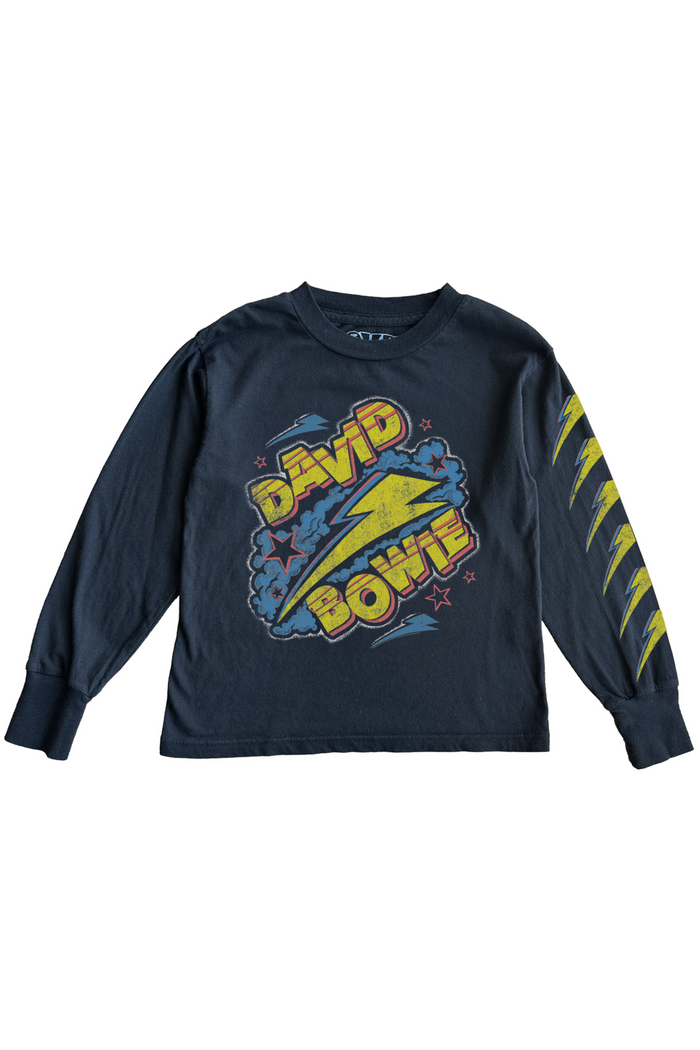 Black long-sleeve shirt with colorful 'David Bowie' design on a white background