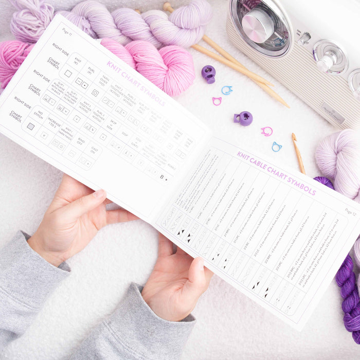 Flat lay of Dawn's Handy Reference Guide open to the knit chart symbols page alongside knitting accessories including yarn, needles, and stitch markers