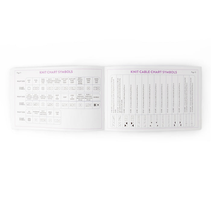 Dawn's Handy Reference Guide opened to show the knit chart symbols and knit cable chart symbols pages with tables of abbreviations and stitch diagrams