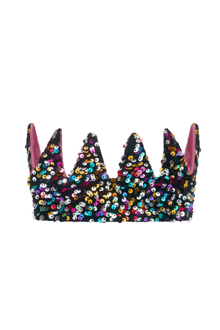 A black sequined crown-shaped headband with pointed spikes, decorated with multicolored iridescent sequins and featuring pink inner lining, shown against a plain white background.