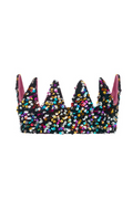 A black sequined crown-shaped headband with pointed spikes, decorated with multicolored iridescent sequins and featuring pink inner lining, shown against a plain white background.
