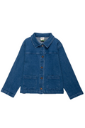A blue denim jacket with a button-up front, collar, and two front patch pockets, laid flat against a white background.