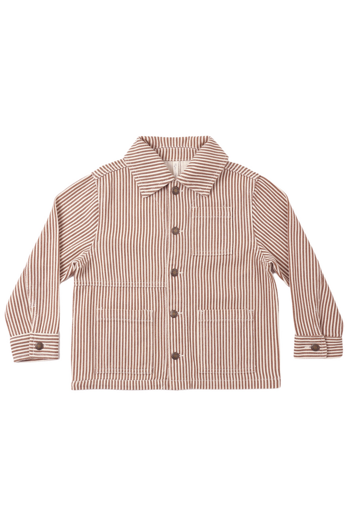 Striped denim jacket with collar on a white background