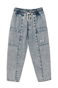 Light blue denim pants with a drawstring on a white background
