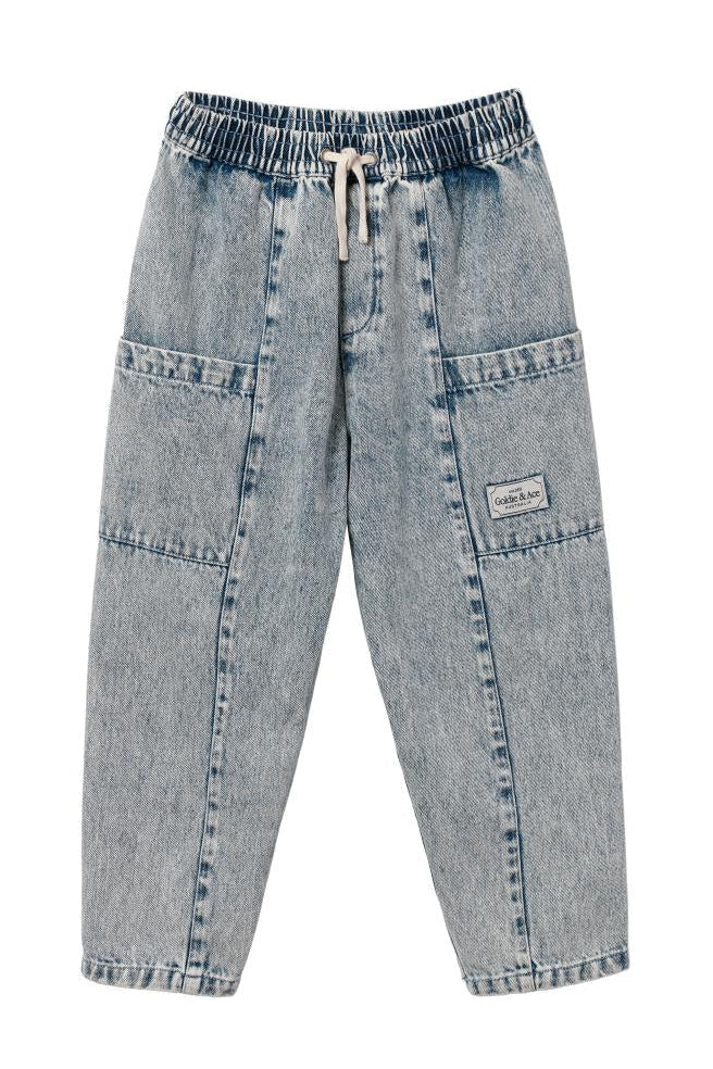 Light blue denim pants with a drawstring on a white background
