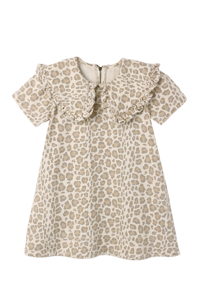 Leopard print dress with ruffled collar on a white background