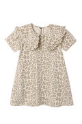 Leopard print dress with ruffled collar on a white background