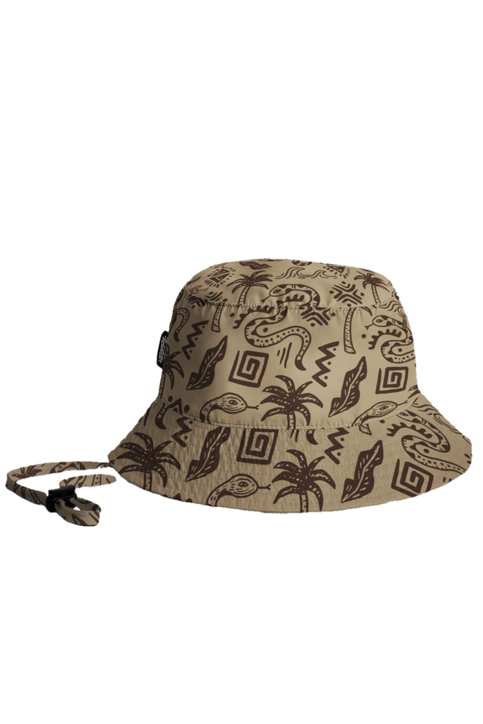 Beige bucket hat with tropical snake pattern on a white background