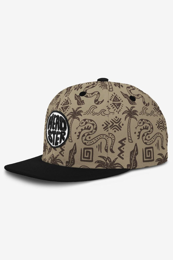 Cap with a snake and palm tree patterned design and logo