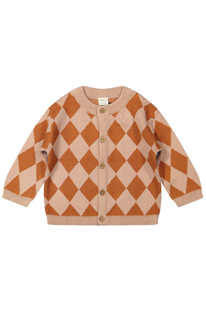 Children's cardigan with diamond pattern on a white background