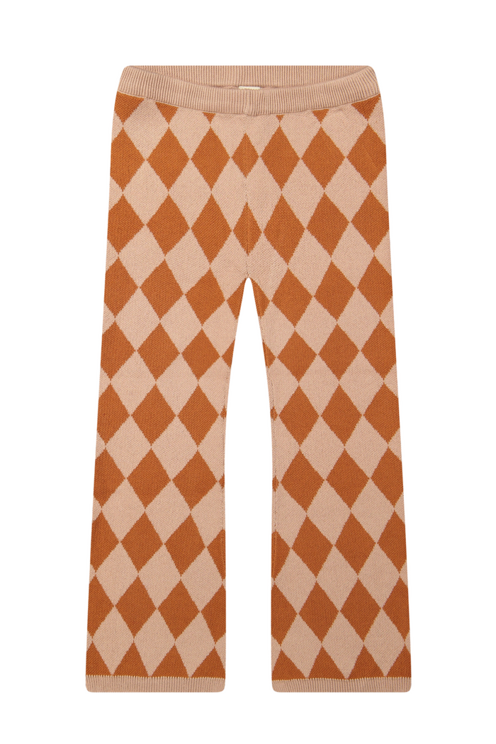 Argyle patterned pants on a white background