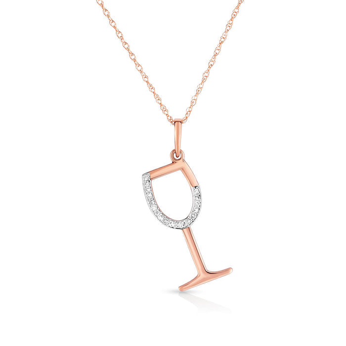 photo of diamond wine glass pendant, 10k rose gold with .05twt round diamonds and an 18" light rope chain