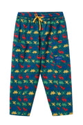 Colorful dinosaur-patterned pants on a white background