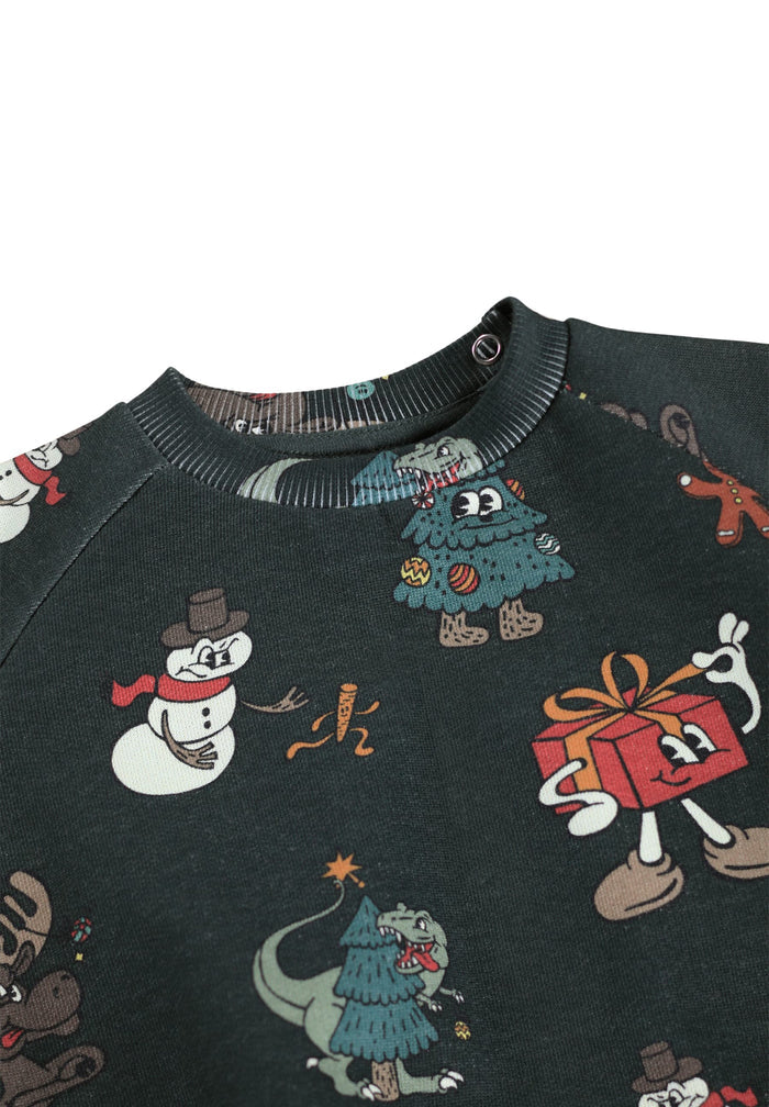Dark sweater with colorful Christmas-themed designs on a white background