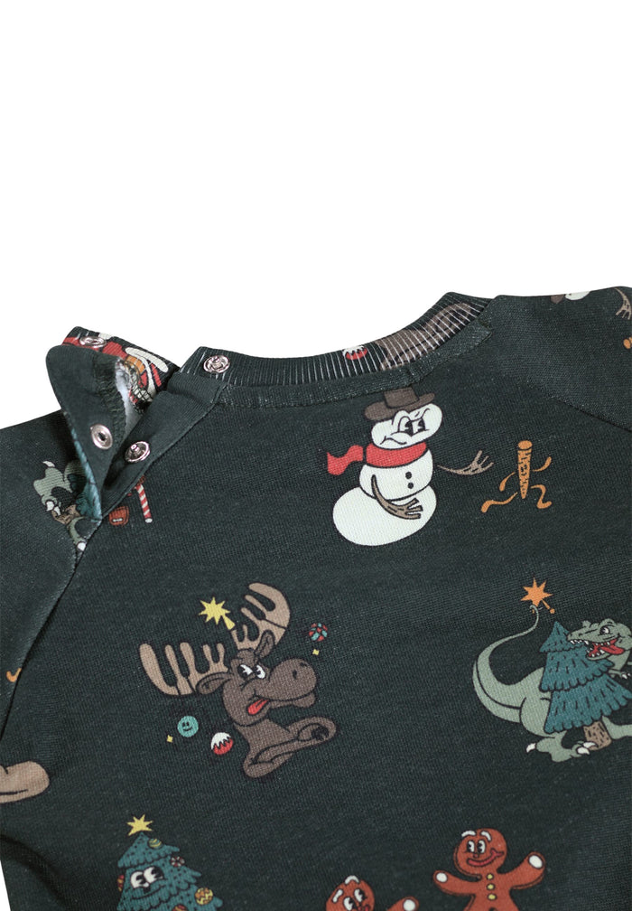 Dark sweater with festive cartoon character print on a white background