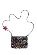 A small rectangular crossbody bag covered in dense multicolor sequins, with a thin braided strap and a small pink star charm, shown on a plain white background.