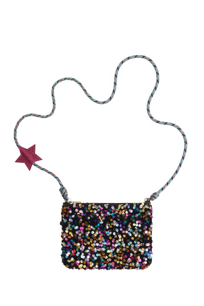 A small rectangular crossbody bag covered in dense multicolor sequins, with a thin braided strap and a small pink star charm, shown on a plain white background.