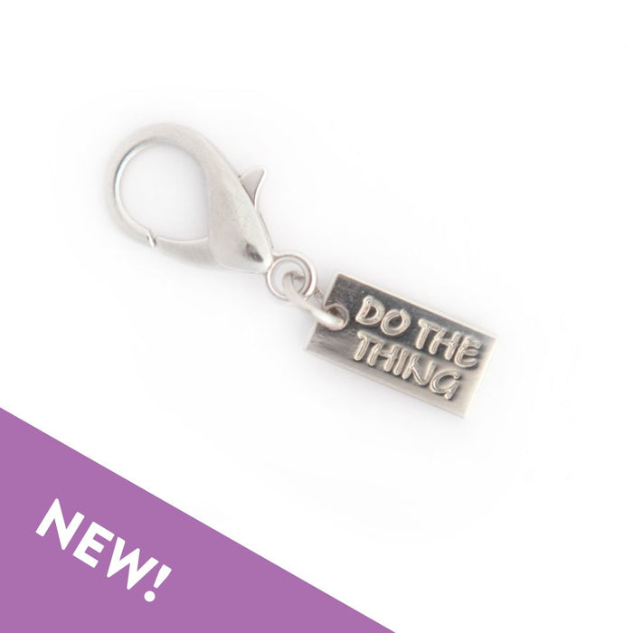 Silver Do The Thing engraved charm on lobster-clasp stitch marker with purple NEW badge
