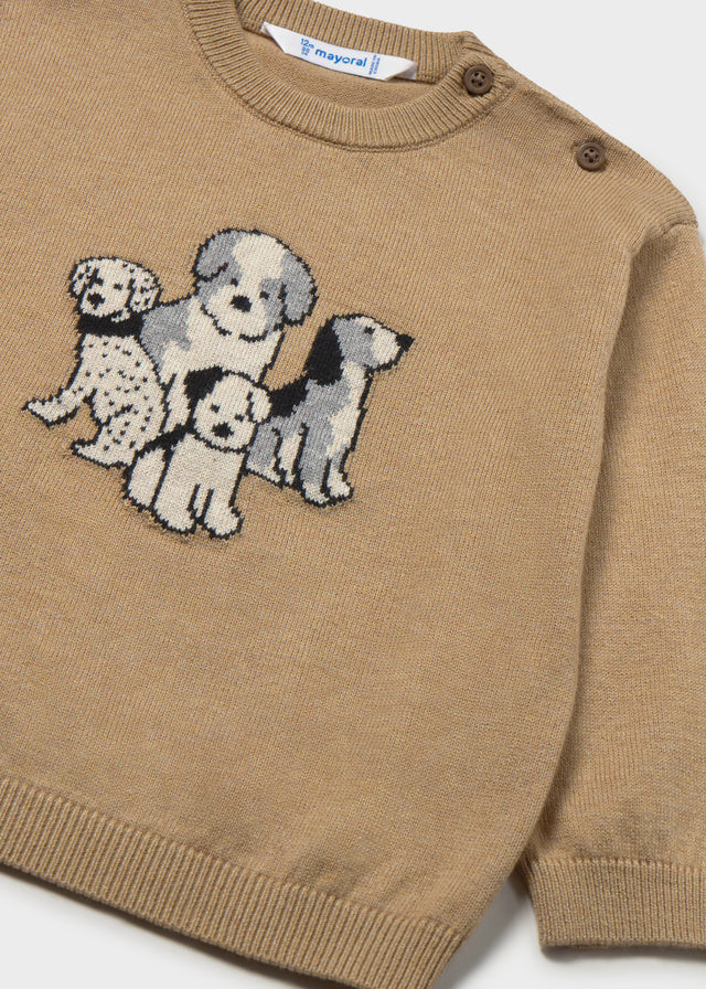Brown sweater with embroidered dogs on a white background